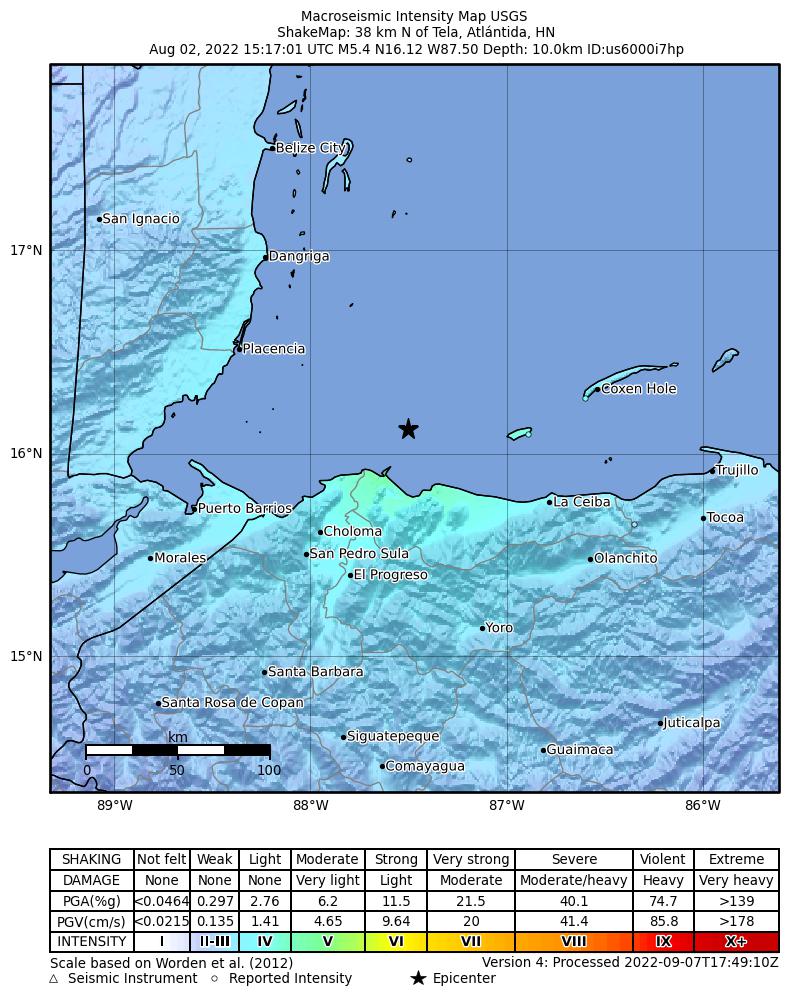 USGS ShakeMap intensity contours for the M5.4 earthquake near 38 km N of Tela, Honduras