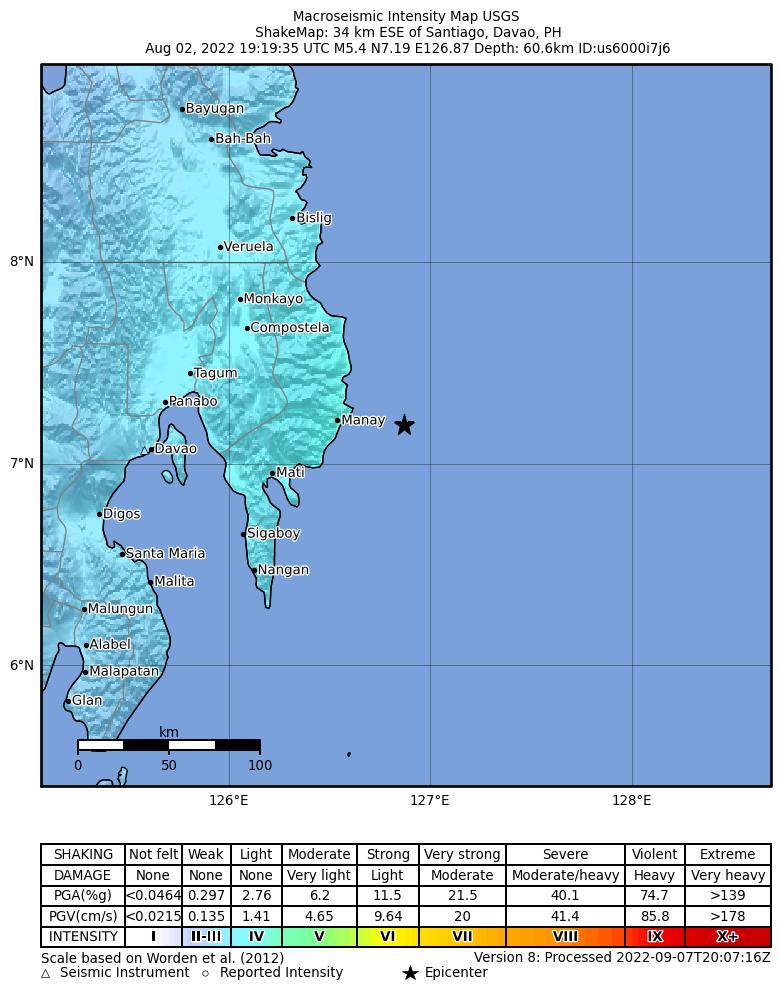 USGS ShakeMap intensity contours for the M5.4 earthquake near 34 km ESE of Santiago, Philippines