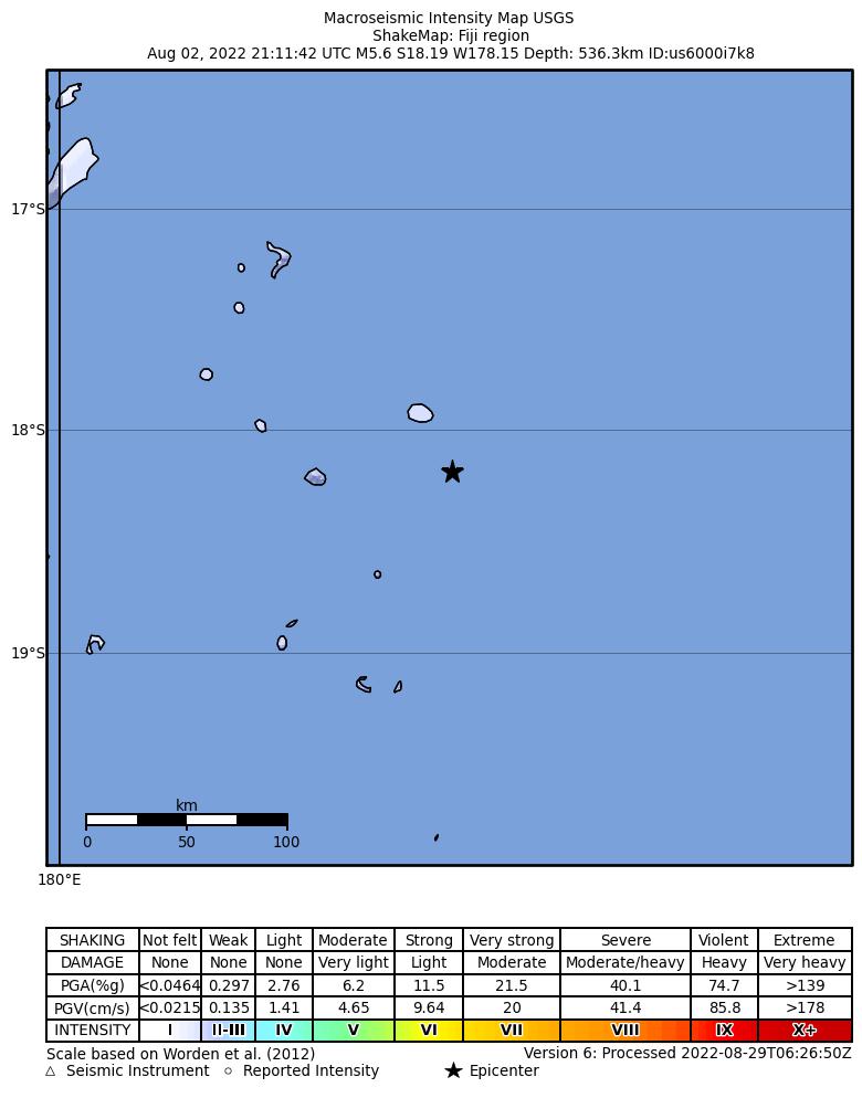 USGS ShakeMap intensity contours for the M5.6 earthquake near 268 km E of Levuka, Fiji
