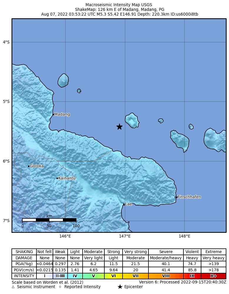 USGS ShakeMap intensity contours for the M5.3 earthquake near eastern New Guinea region, Papua New Guinea