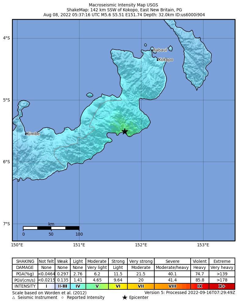 USGS ShakeMap intensity contours for the M5.6 earthquake near 142 km SSW of Kokopo, Papua New Guinea