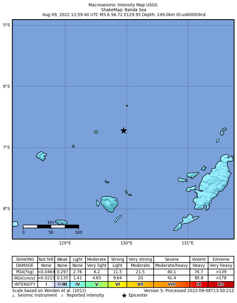USGS ShakeMap intensity contours for the M5.6 earthquake near Banda Sea
