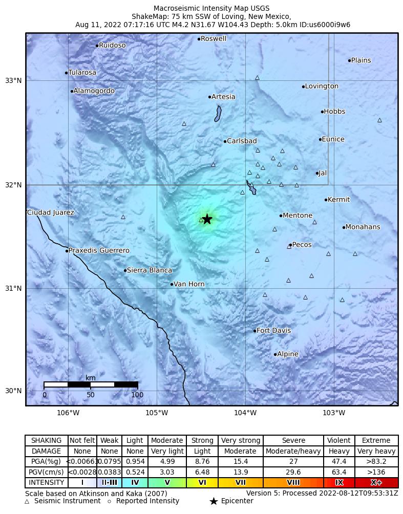 USGS ShakeMap intensity contours for the M4.5 earthquake near 54 km S of Whites City, New Mexico