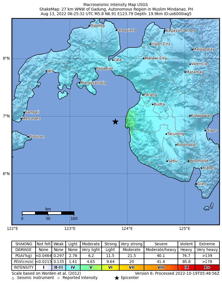 USGS ShakeMap intensity contours for the M5.8 earthquake near Moro Gulf, Mindanao, Philippines