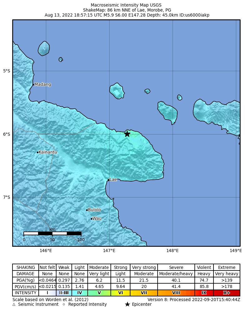 USGS ShakeMap intensity contours for the M5.9 earthquake near 86 km NNE of Lae, Papua New Guinea