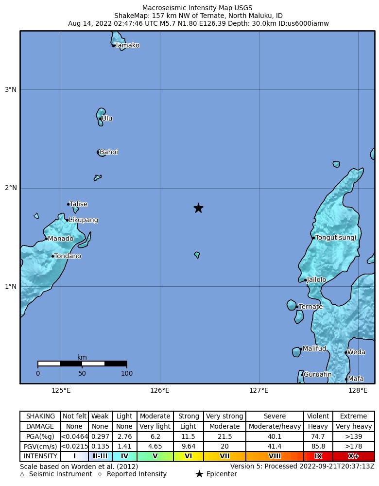 USGS ShakeMap intensity contours for the M5.7 earthquake near 157 km NW of Ternate, Indonesia