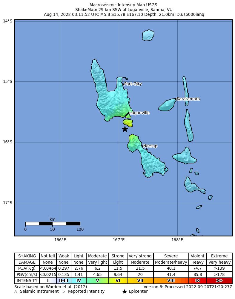 USGS ShakeMap intensity contours for the M5.8 earthquake near 29 km SSW of Luganville, Vanuatu