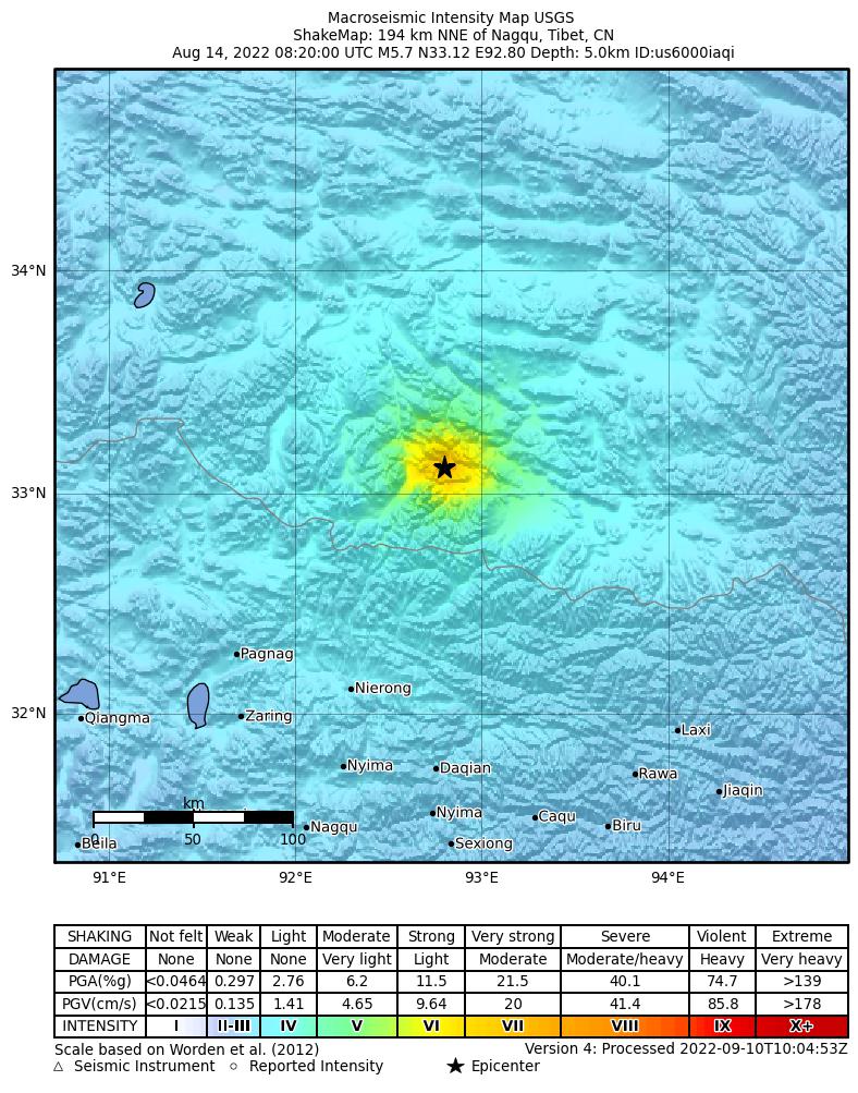 USGS ShakeMap intensity contours for the M5.7 earthquake near 194 km NNE of Nagqu, China