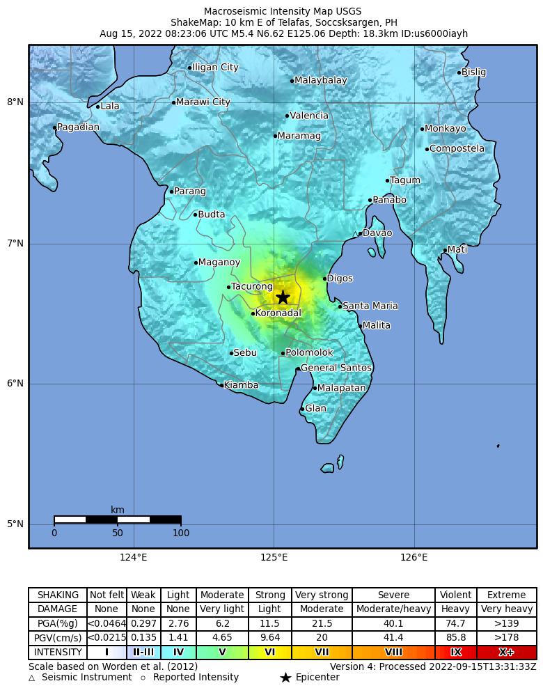USGS ShakeMap intensity contours for the M5.4 earthquake near 10 km E of Telafas, Philippines