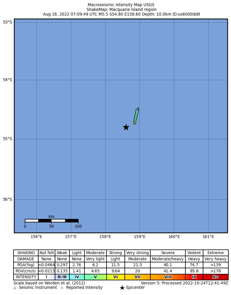 USGS ShakeMap intensity contours for the M5.5 earthquake near Macquarie Island region