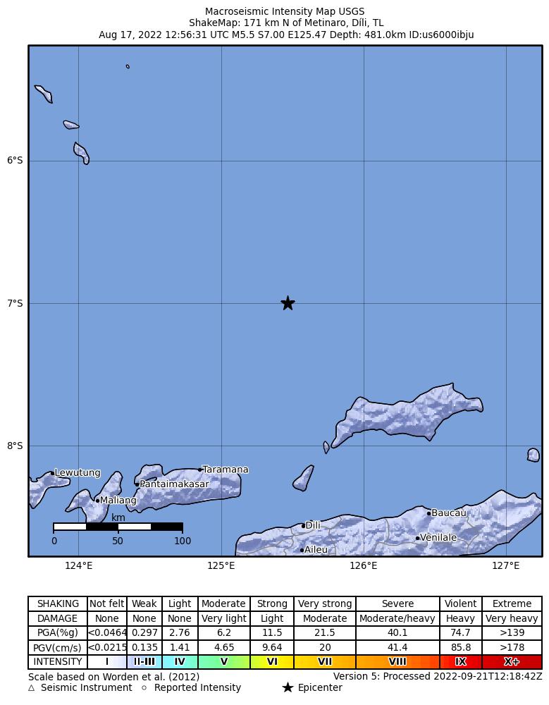 USGS ShakeMap intensity contours for the M5.5 earthquake near 171 km N of Metinaro, Timor Leste