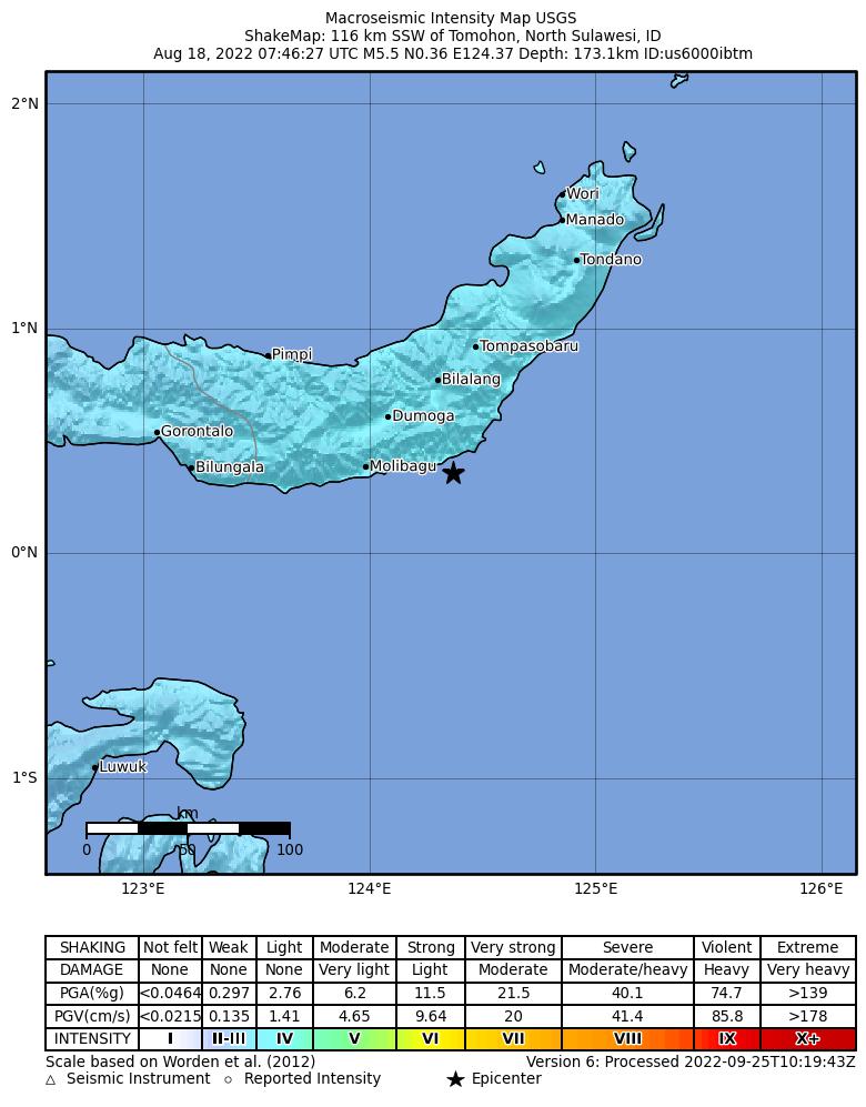 USGS ShakeMap intensity contours for the M5.5 earthquake near Minahasa, Sulawesi, Indonesia