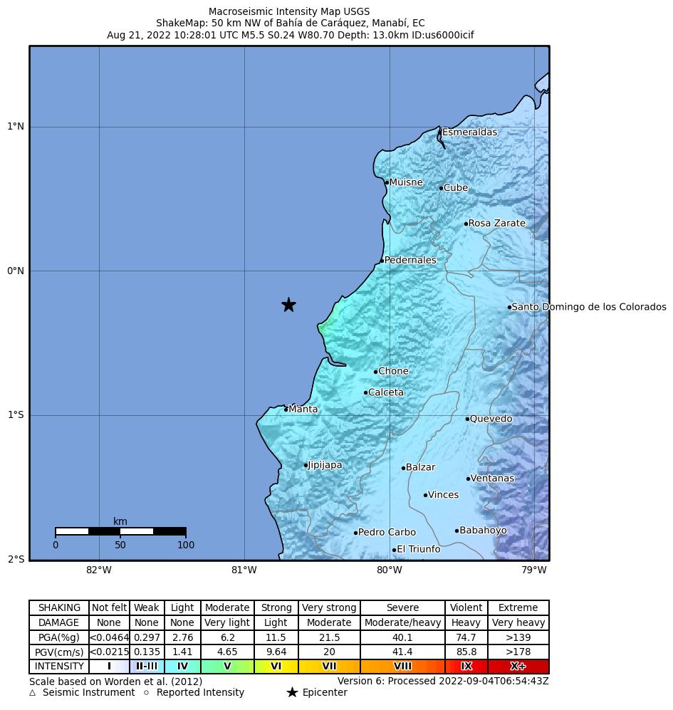 USGS ShakeMap intensity contours for the M5.5 earthquake near 50 km NW of Bahía de Caráquez, Ecuador