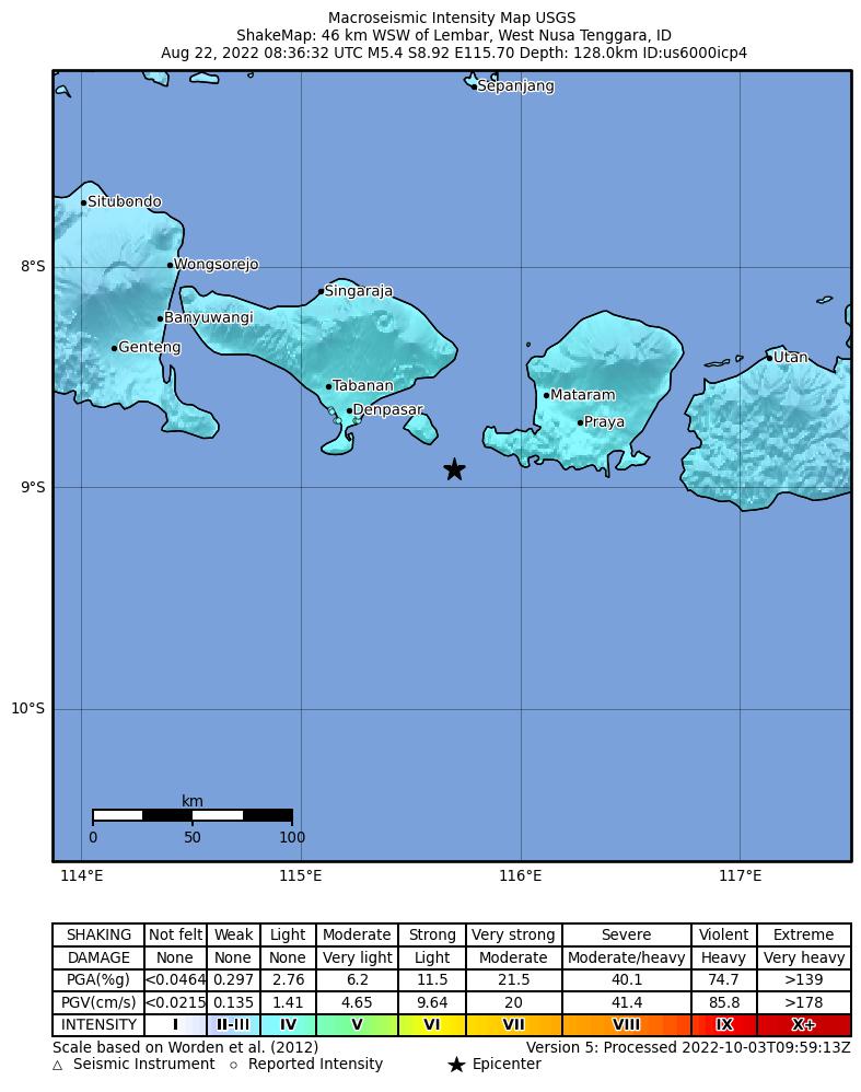 USGS ShakeMap intensity contours for the M5.4 earthquake near Bali region, Indonesia