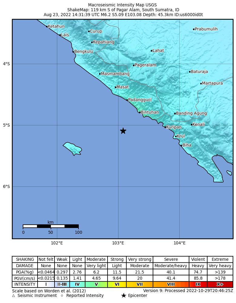 USGS ShakeMap intensity contours for the M6.2 earthquake near 119 km S of Pagar Alam, Indonesia