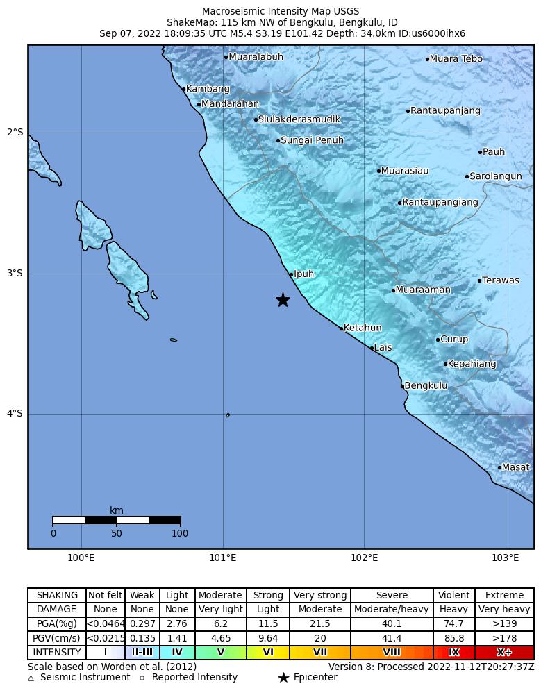 USGS ShakeMap intensity contours for the M5.4 earthquake near 115 km NW of Bengkulu, Indonesia