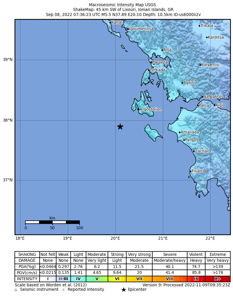 USGS ShakeMap intensity contours for the M5.5 earthquake near 45 km SW of Lixoúri, Greece