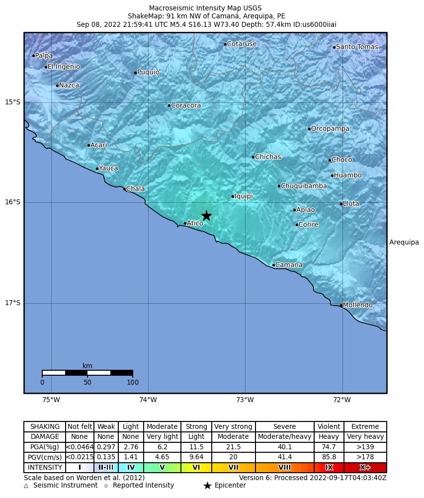 USGS ShakeMap intensity contours for the M5.4 earthquake near 24 km ENE of Atico, Peru