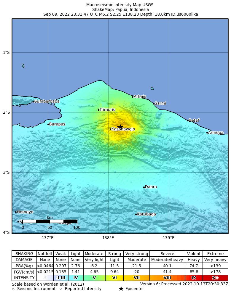 USGS ShakeMap intensity contours for the M6.2 earthquake near Papua, Indonesia