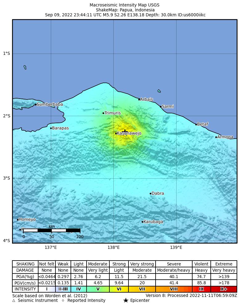USGS ShakeMap intensity contours for the M5.9 earthquake near 262 km ESE of Biak, Indonesia