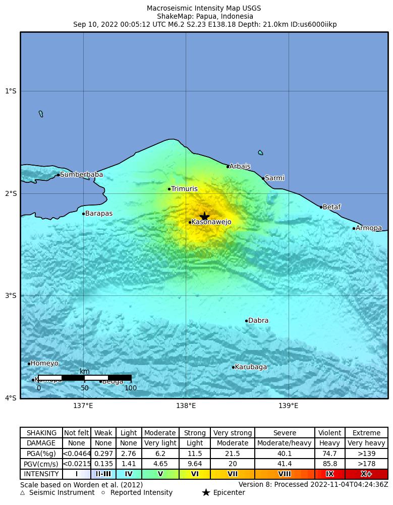 USGS ShakeMap intensity contours for the M6.2 earthquake near 260 km ESE of Biak, Indonesia