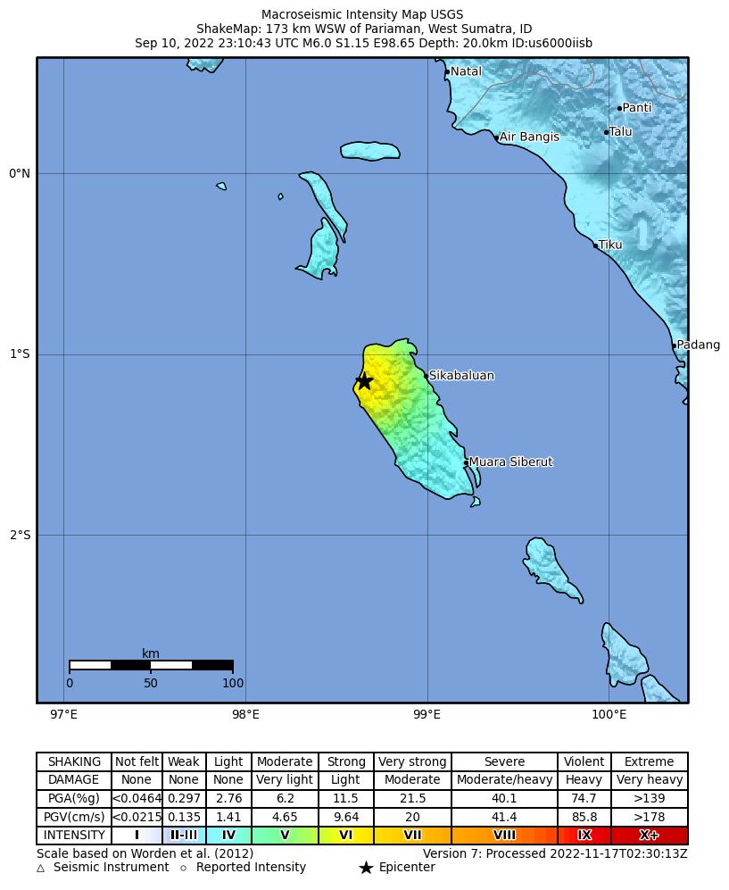 USGS ShakeMap intensity contours for the M6.0 earthquake near 173 km WSW of Pariaman, Indonesia