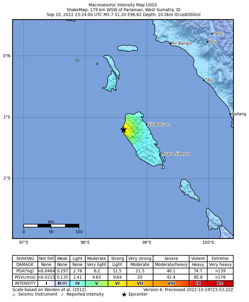 USGS ShakeMap intensity contours for the M5.7 earthquake near 179 km WSW of Pariaman, Indonesia