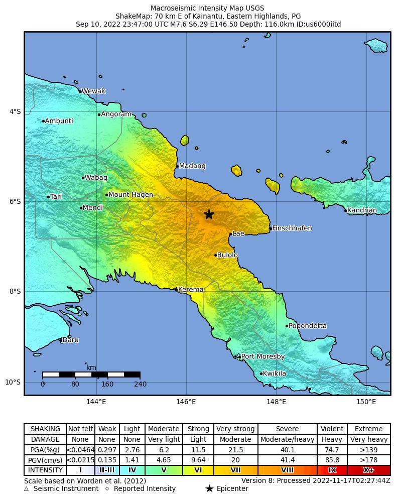 USGS ShakeMap intensity contours for the M7.6 earthquake near 70 km E of Kainantu, Papua New Guinea