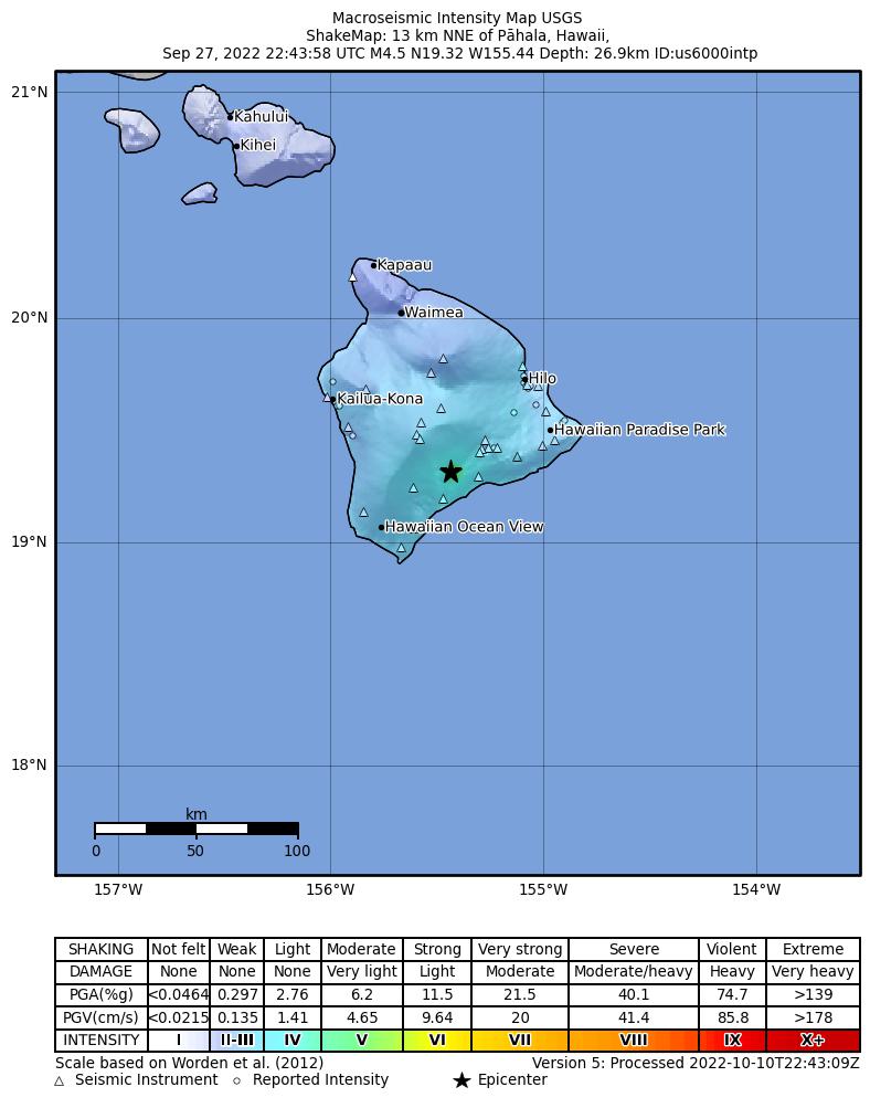 USGS ShakeMap intensity contours for the M4.5 earthquake near 9 km ENE of P?hala, Hawaii