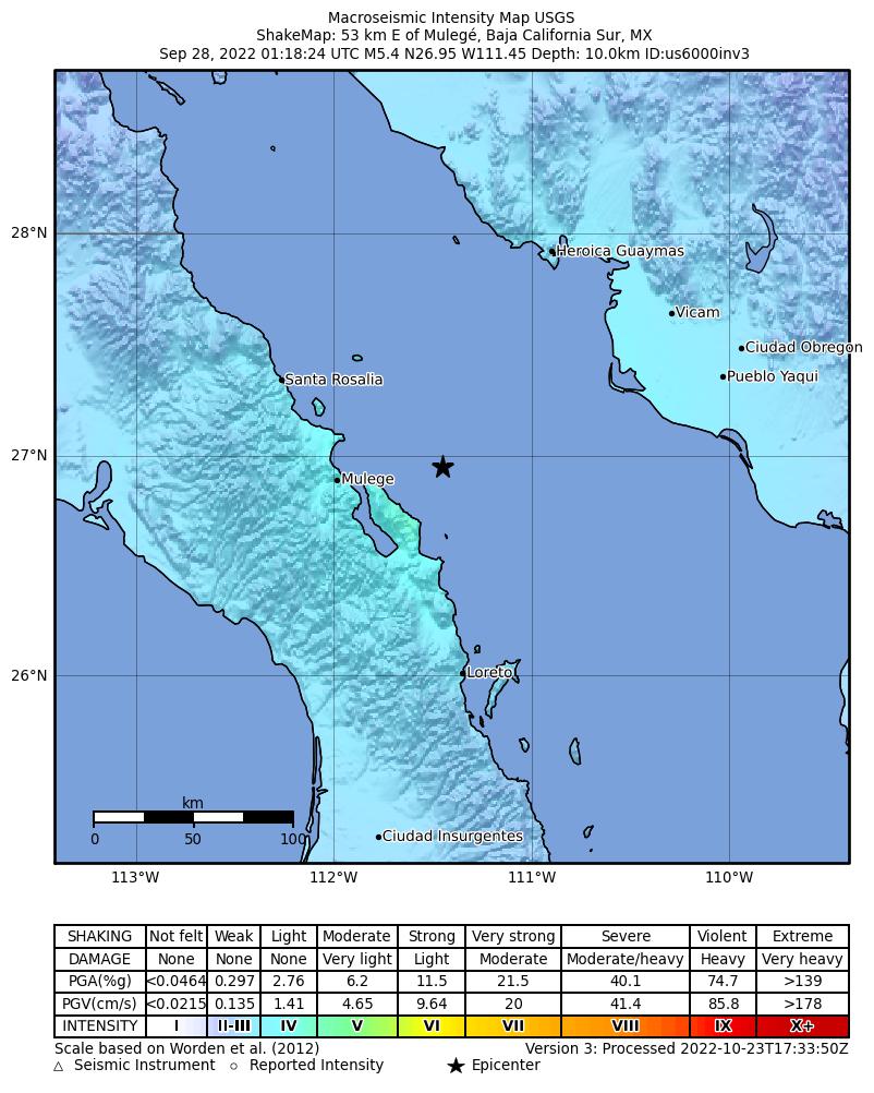 USGS ShakeMap intensity contours for the M5.4 earthquake near 53 km E of Mulegé, Mexico
