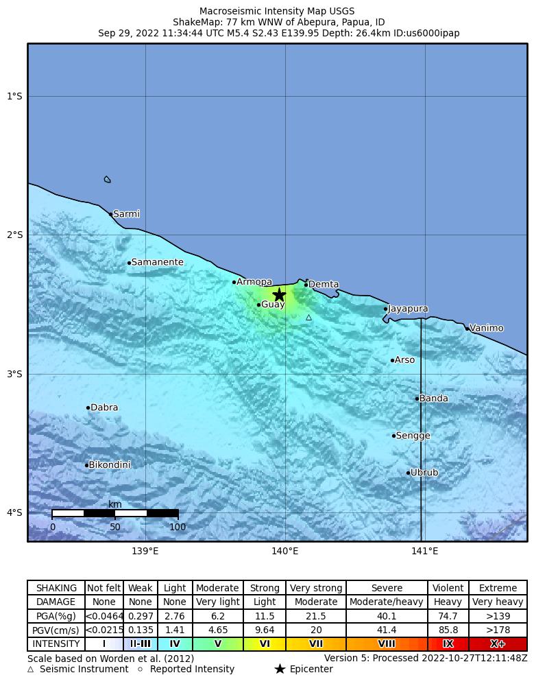 USGS ShakeMap intensity contours for the M5.4 earthquake near near the north coast of Papua, Indonesia