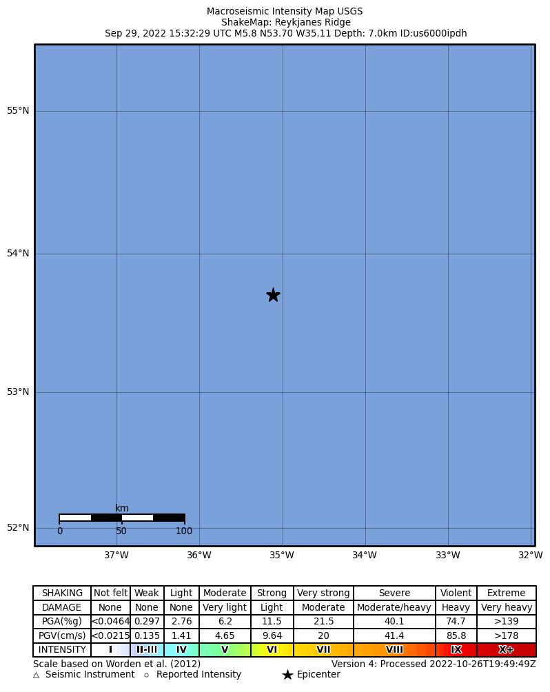USGS ShakeMap intensity contours for the M5.8 earthquake near Reykjanes Ridge