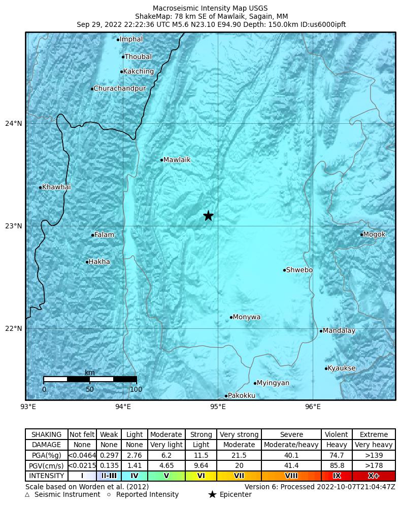 USGS ShakeMap intensity contours for the M5.6 earthquake near 78 km SE of Mawlaik, Myanmar