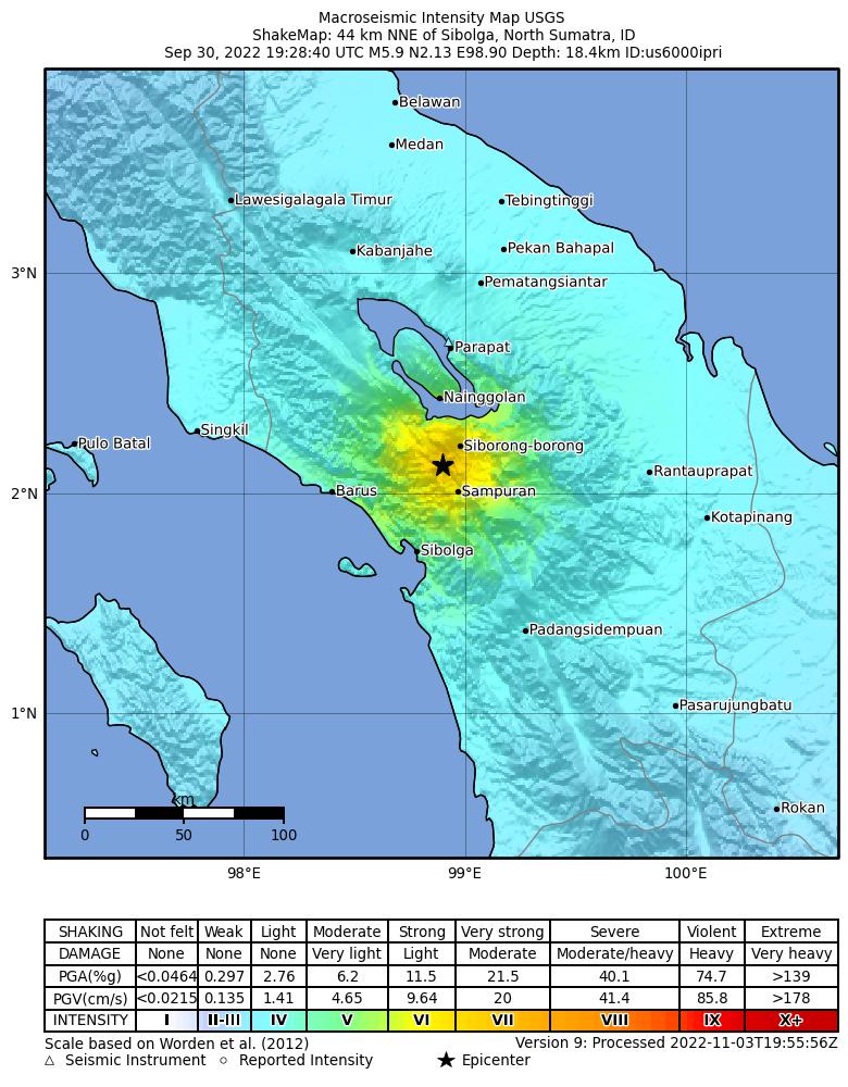 USGS ShakeMap intensity contours for the M5.9 earthquake near 41 km NNE of Sibolga, Indonesia