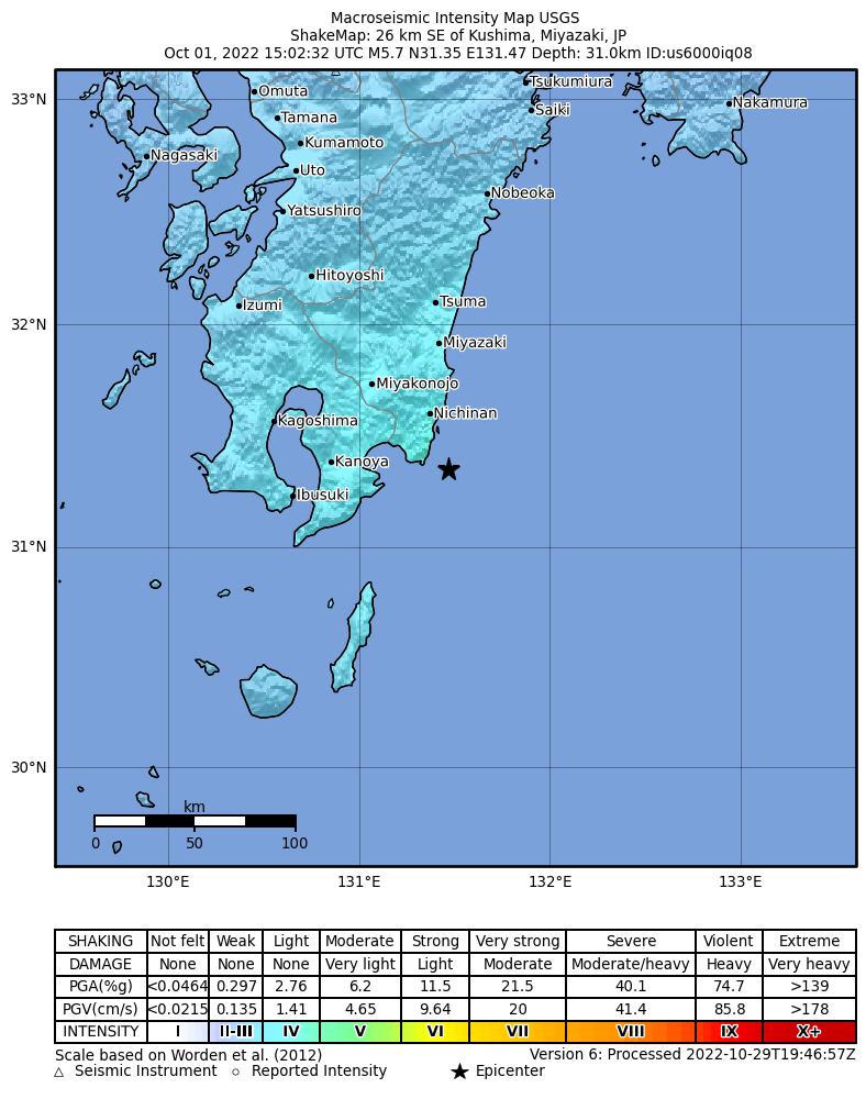 USGS ShakeMap intensity contours for the M5.7 earthquake near 26 km SE of Kushima, Japan