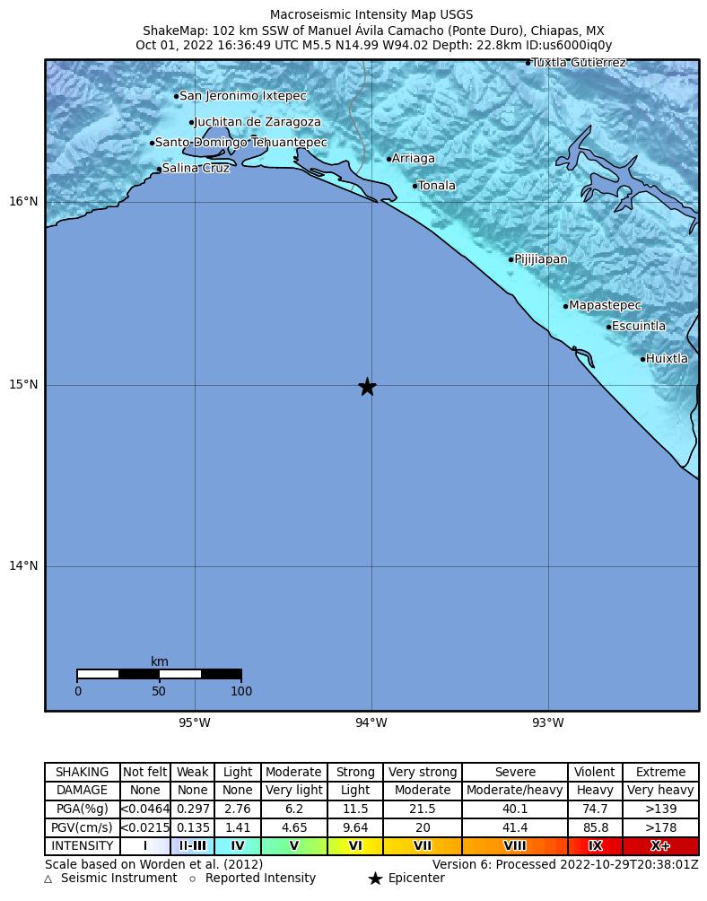 USGS ShakeMap intensity contours for the M5.5 earthquake near 102 km SSW of Manuel Ávila Camacho (Ponte Duro), Mexico