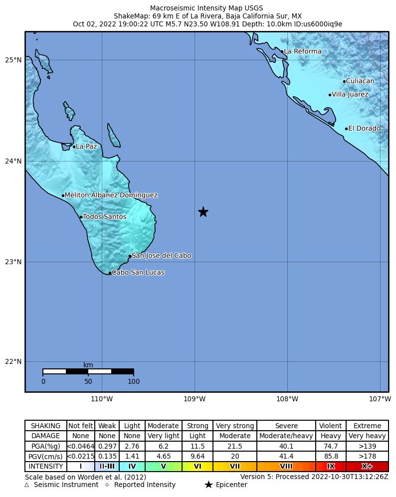 USGS ShakeMap intensity contours for the M5.7 earthquake near 69 km E of La Rivera, Mexico