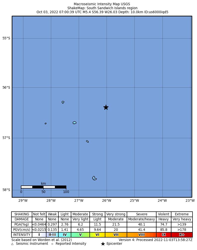 USGS ShakeMap intensity contours for the M5.4 earthquake near South Sandwich Islands region