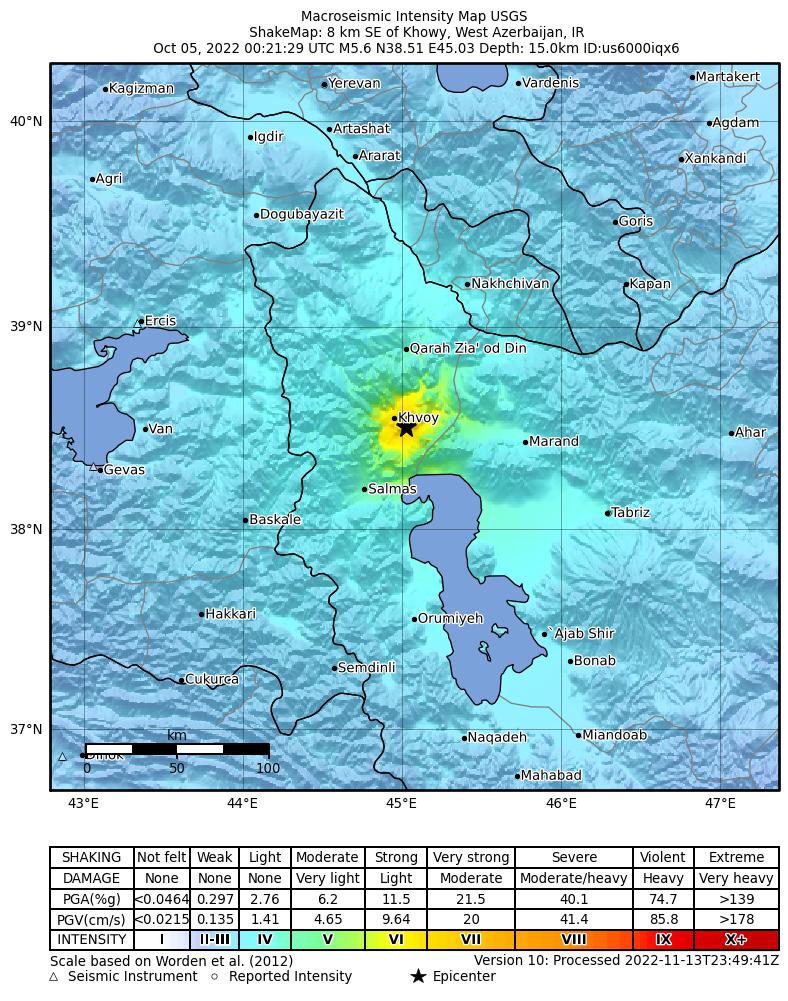 USGS ShakeMap intensity contours for the M5.6 earthquake near 8 km SE of Khowy, Iran