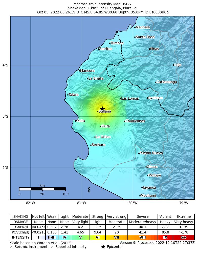 USGS ShakeMap intensity contours for the M5.8 earthquake near 1 km S of Huangala, Peru