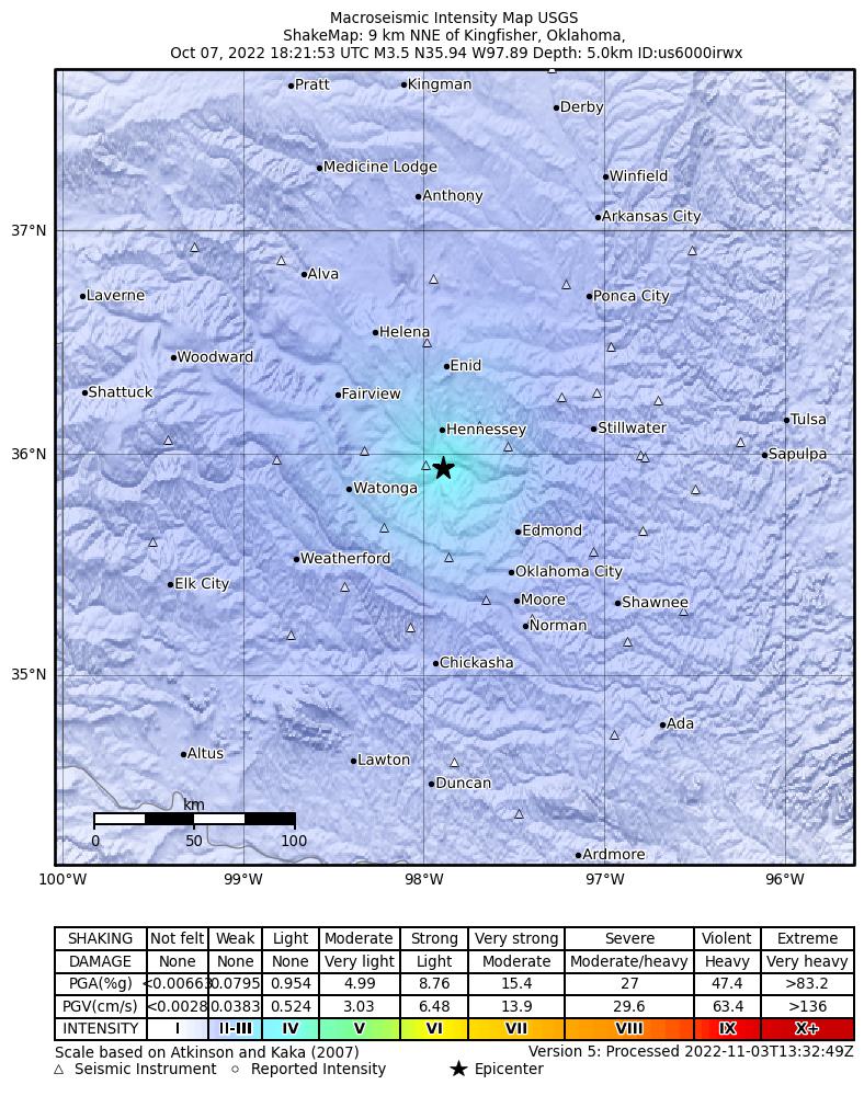 USGS ShakeMap intensity contours for the M3.2 earthquake near 4 km SSE of Dover, Oklahoma