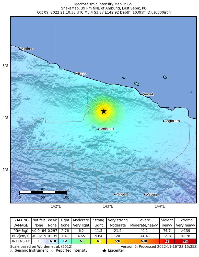 USGS ShakeMap intensity contours for the M5.4 earthquake near 39 km NNE of Ambunti, Papua New Guinea