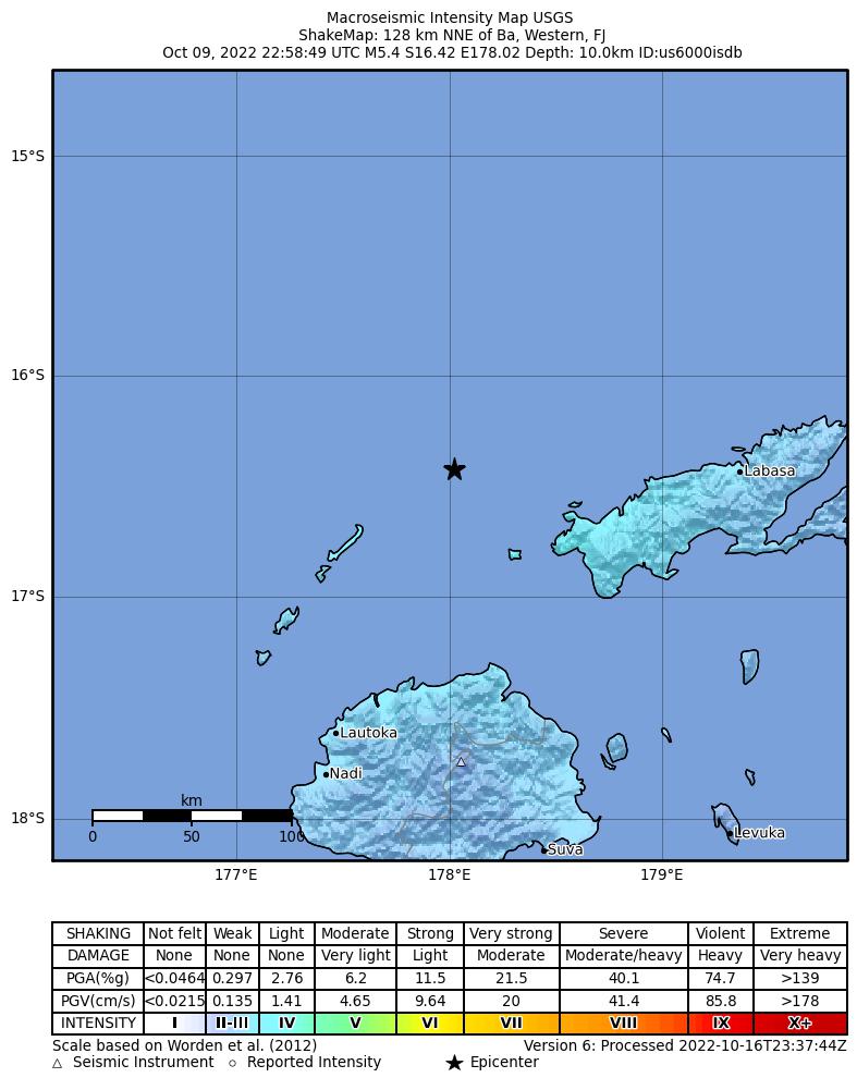 USGS ShakeMap intensity contours for the M5.4 earthquake near 128 km NNE of Ba, Fiji