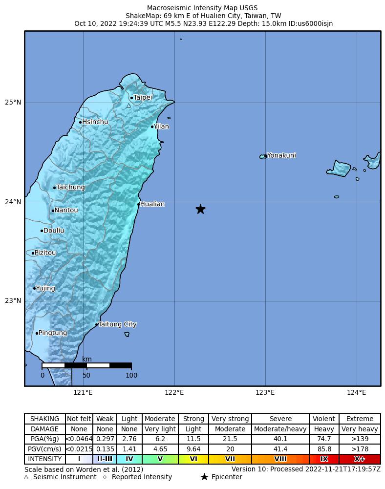USGS ShakeMap intensity contours for the M5.5 earthquake near 69 km E of Hualien City, Taiwan