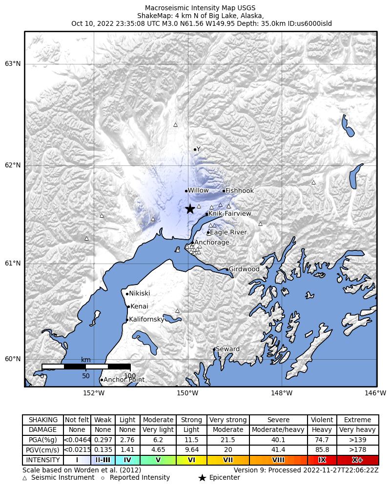 USGS ShakeMap intensity contours for the M2.8 earthquake near Southern Alaska
