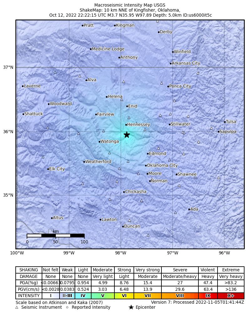 USGS ShakeMap intensity contours for the M3.1 earthquake near 4 km SSE of Dover, Oklahoma