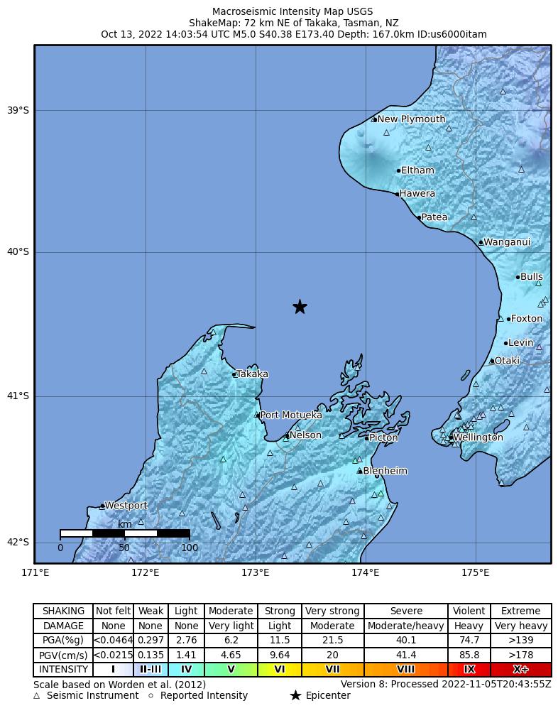 USGS ShakeMap intensity contours for the M5.0 earthquake near 72 km NE of Takaka, New Zealand