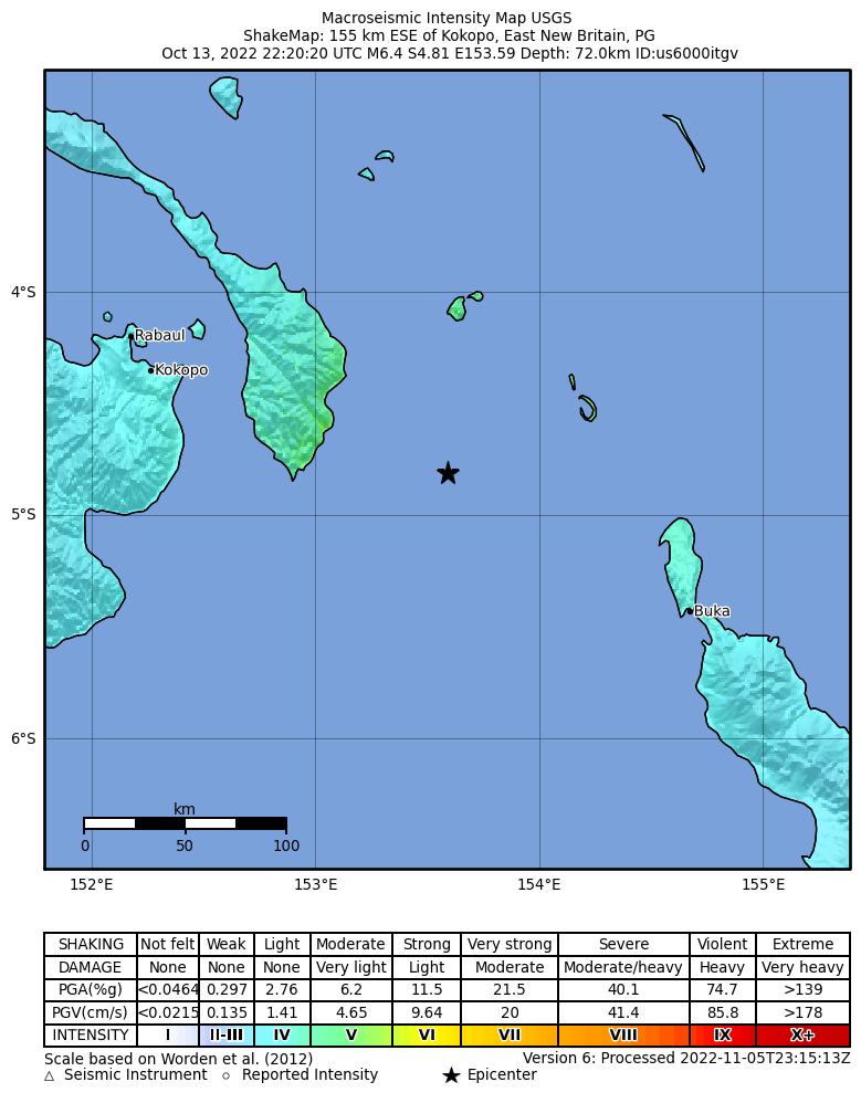 USGS ShakeMap intensity contours for the M6.4 earthquake near 155 km ESE of Kokopo, Papua New Guinea