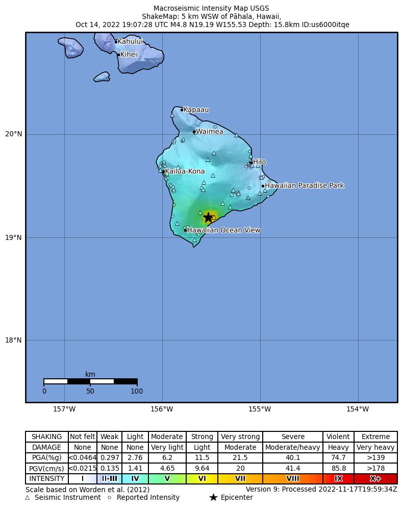 USGS ShakeMap intensity contours for the M5.0 earthquake near 7 km SSW of P?hala, Hawaii