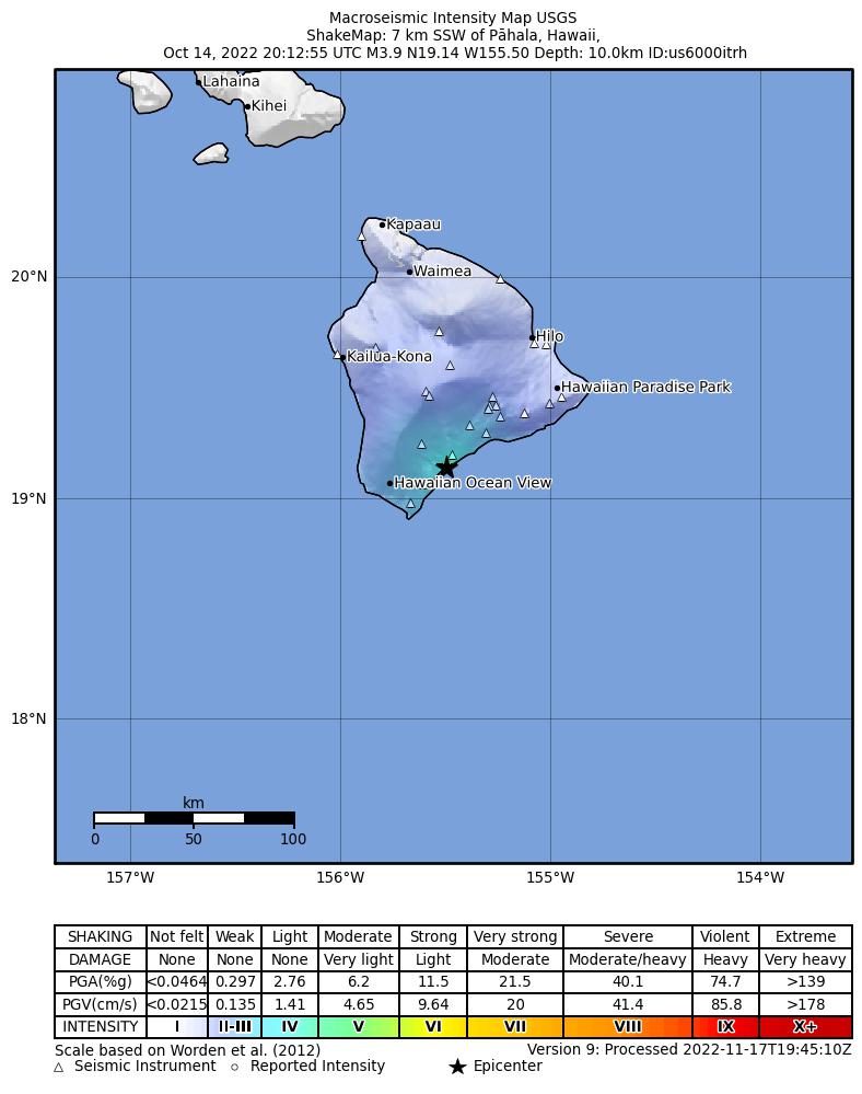 USGS ShakeMap intensity contours for the M3.9 earthquake near 6 km S of P?hala, Hawaii